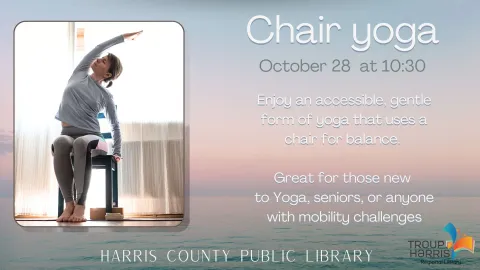 The image is a promotional poster for a chair yoga event. It features a woman sitting on a chair, performing a side stretch yoga pose.