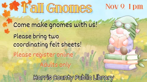 Grassy field with a cartoon gnome sitting on a stack of books. Information regarding the date and time of the event is presented.