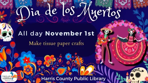 Image of sugar skulls, flowers, and an ofrenda. Information regarding date and time of the program.